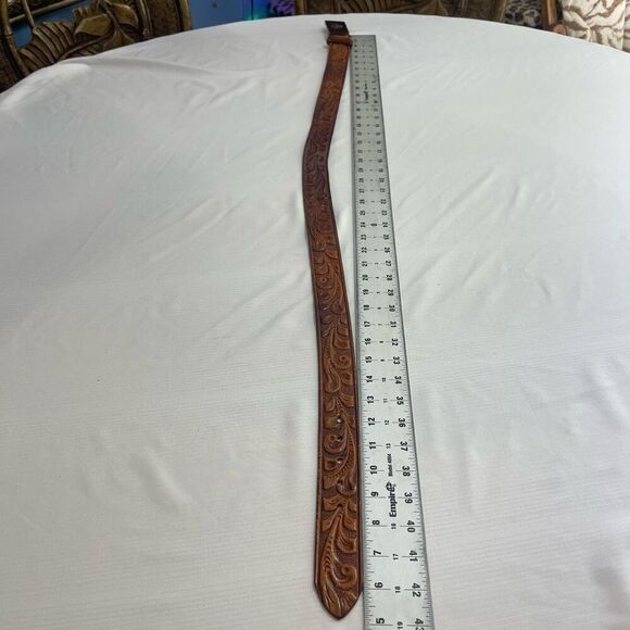 Santa Fe Stoneworks Brown Tooled Vintage Belt Size 38 - Picture 6 of 7